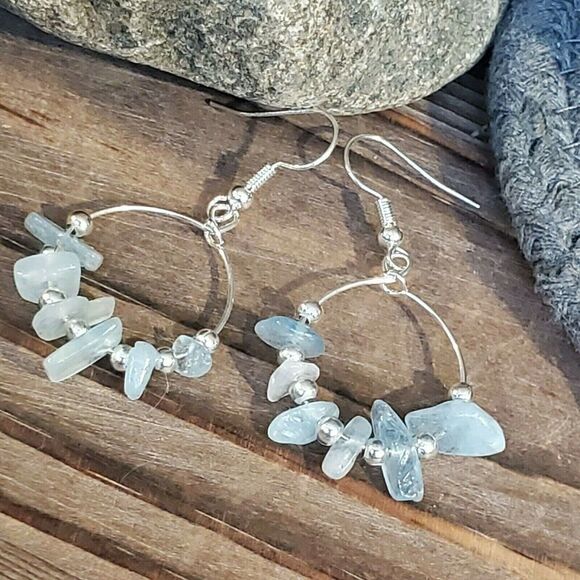 Handcrafted Baroque Aquamarine Gemstone Sterling Silver Plated Hoop Earrings - Picture 7 of 8